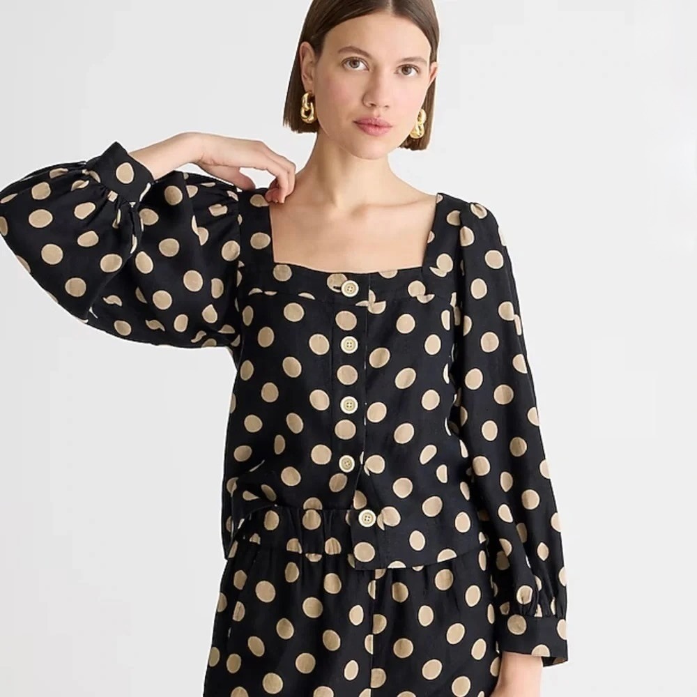 NWT!! J. CREW Linen Polka Dot Square Neck Blouse Black Tan Top Preppy Medium